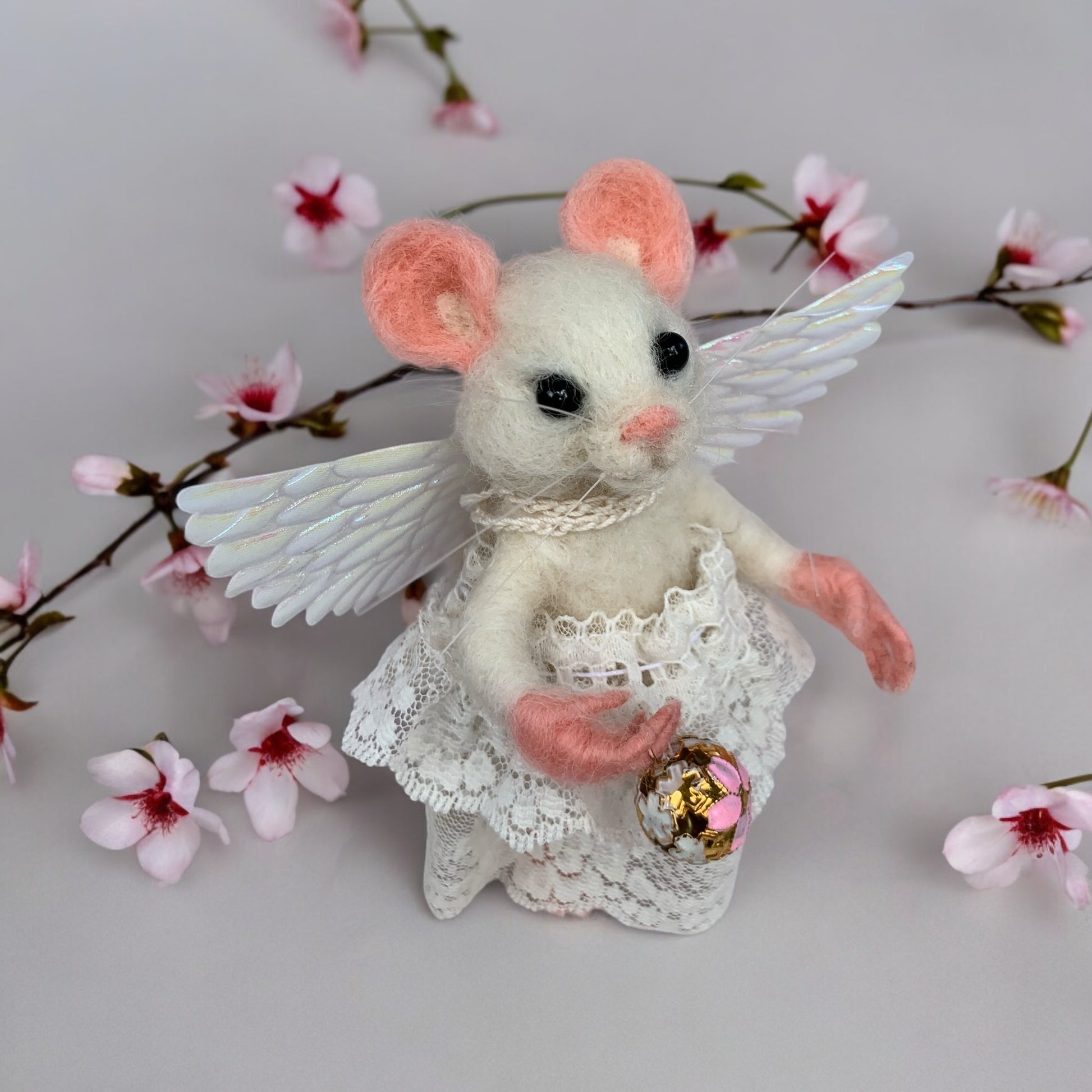 Handcrafted felted mouse angel toy by Fox Hollow Friends – woodland creature gift