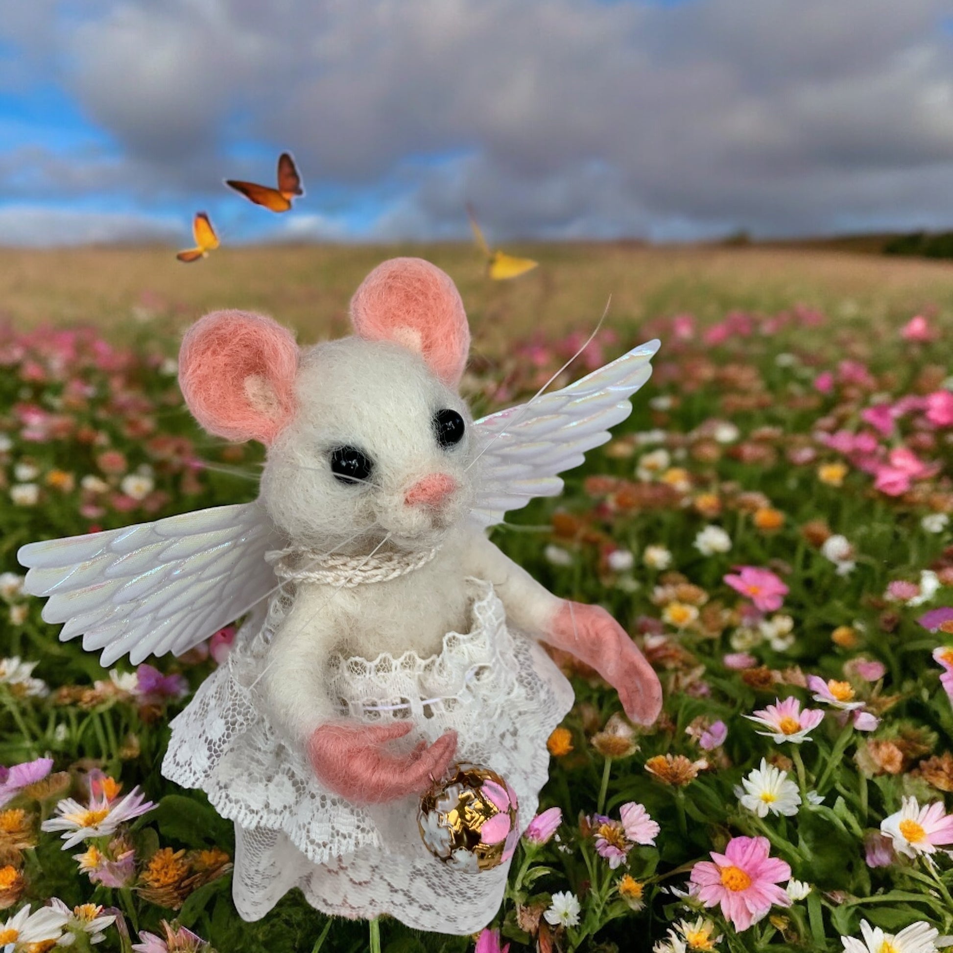 Handcrafted felted mouse angel toy by Fox Hollow Friends – woodland creature gift spring