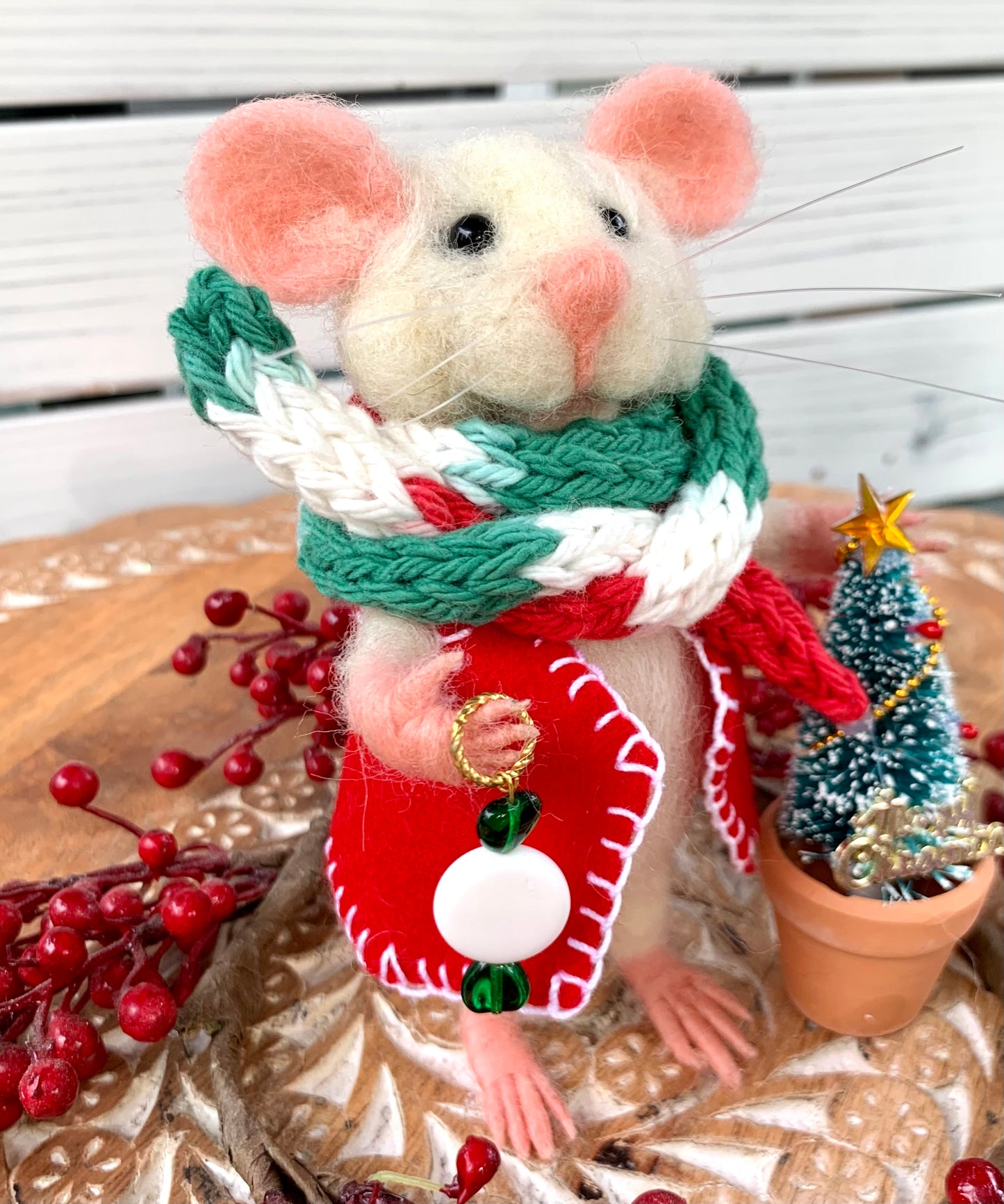 Sebastian The Christmas Mouse, natural fiber doll, felt mouse, OOAK Art Doll, Needle felted Mouse