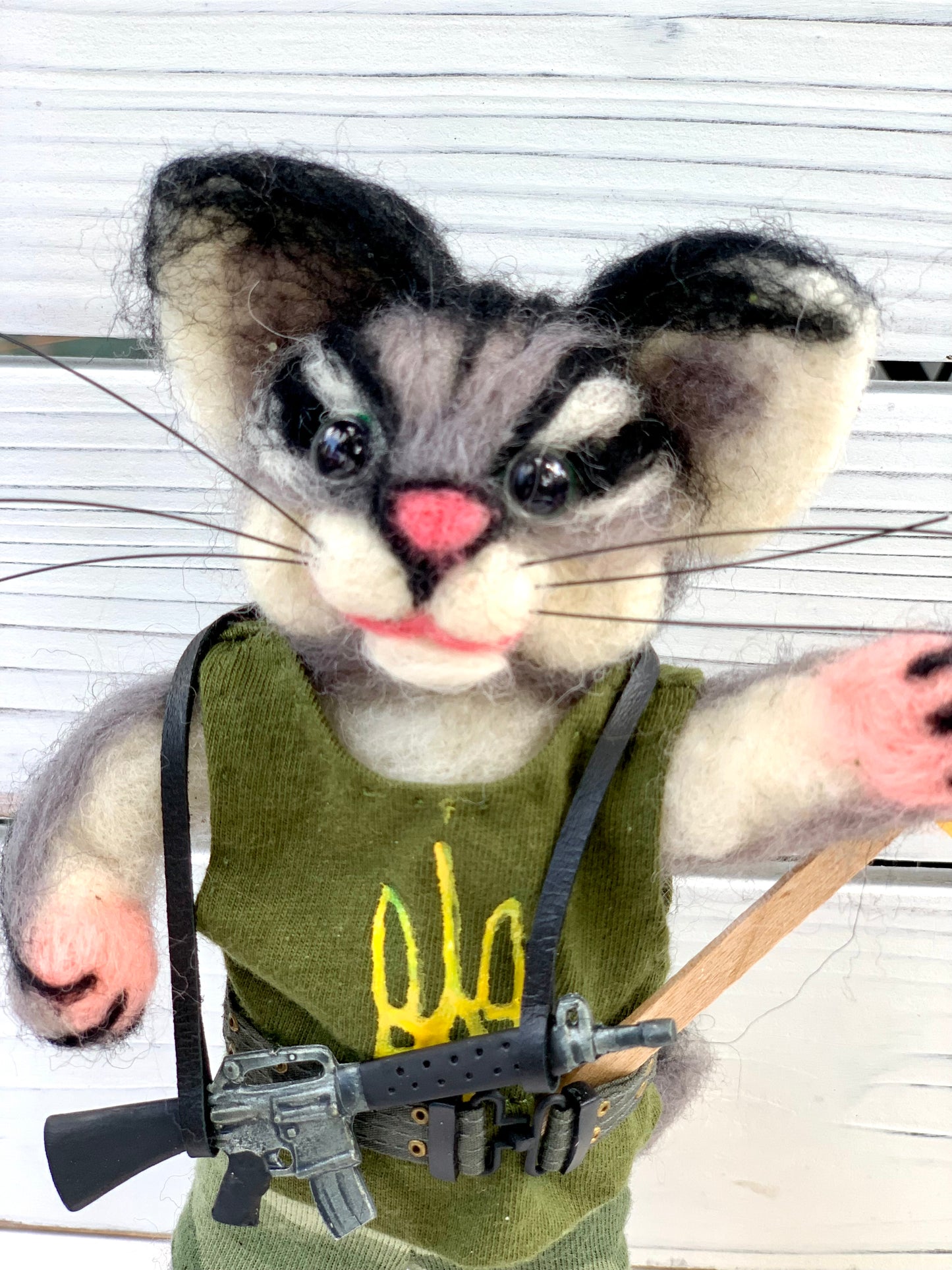 Javelina the Cat, Ukrainian Soldier, natural fiber friend, felted cat art doll, OOAK