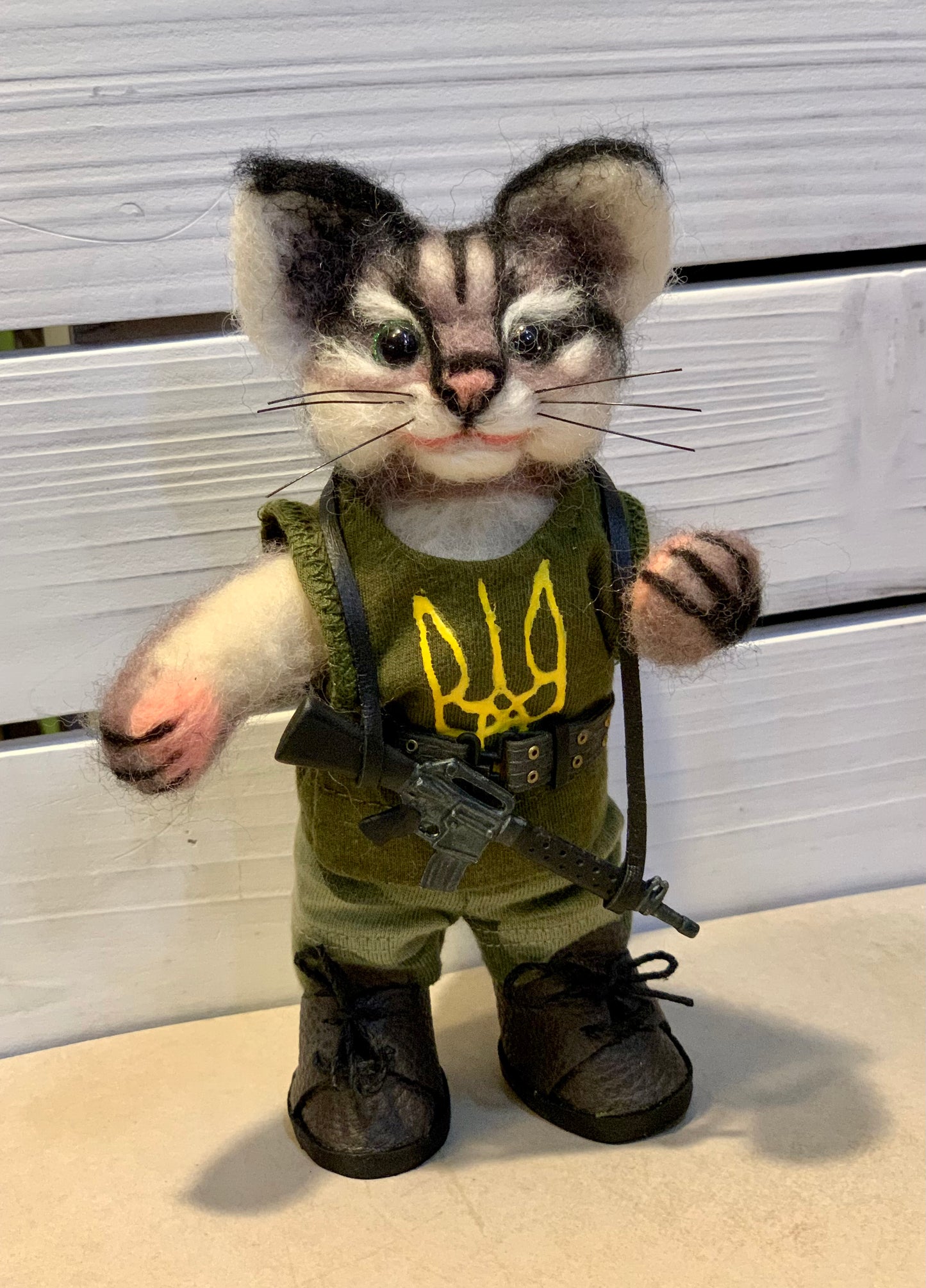 Javelina the Cat, Ukrainian Soldier, natural fiber friend, felted cat art doll, OOAK