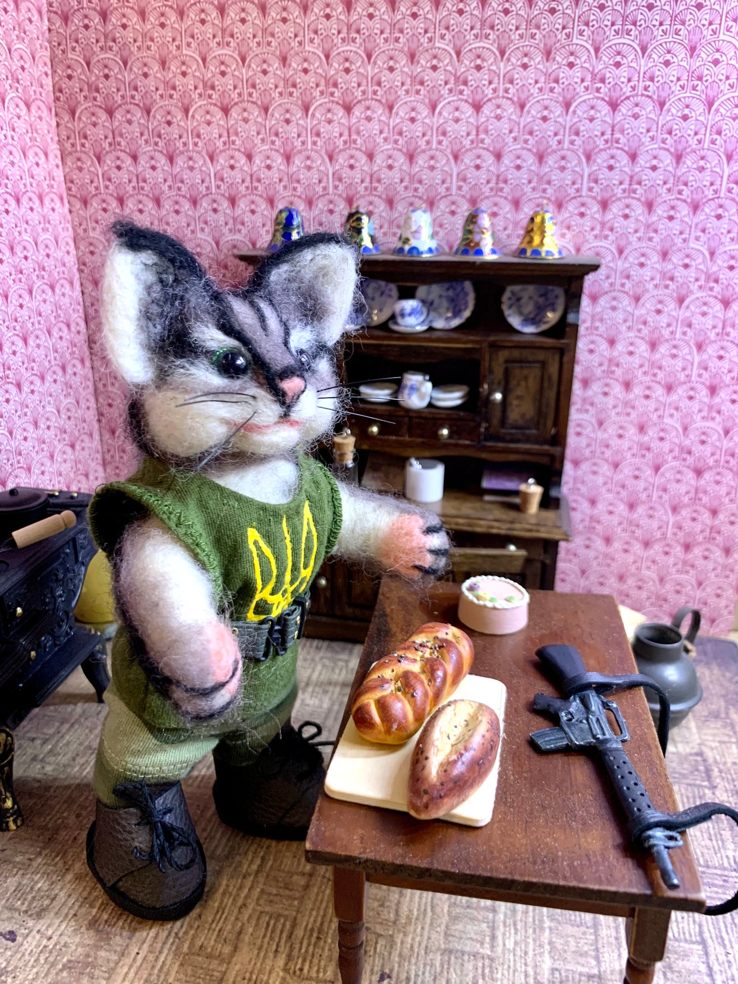 Javelina the Cat, Ukrainian Soldier, natural fiber friend, felted cat art doll, OOAK