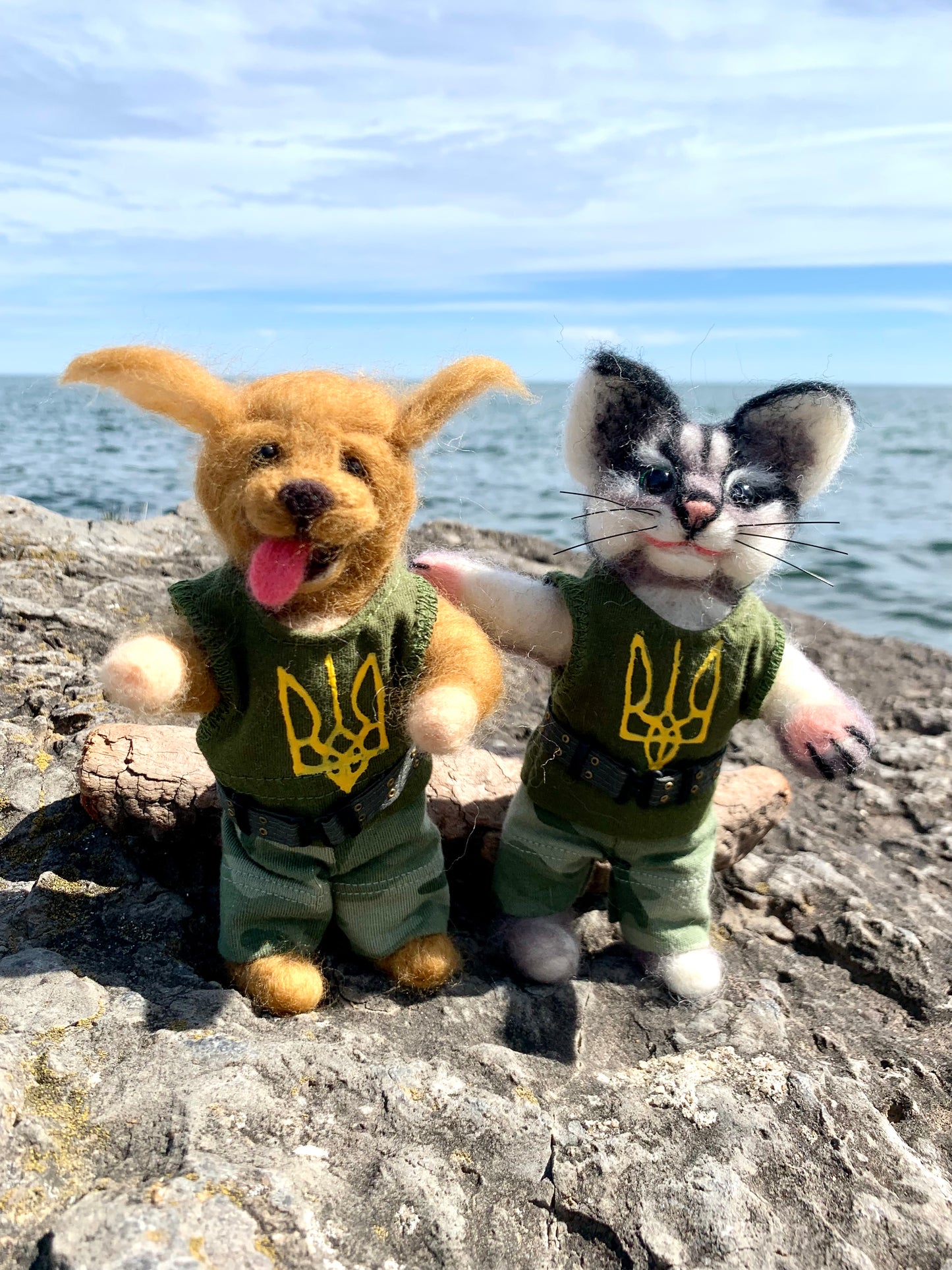 Javelina the Cat, Ukrainian Soldier, natural fiber friend, felted cat art doll, OOAK