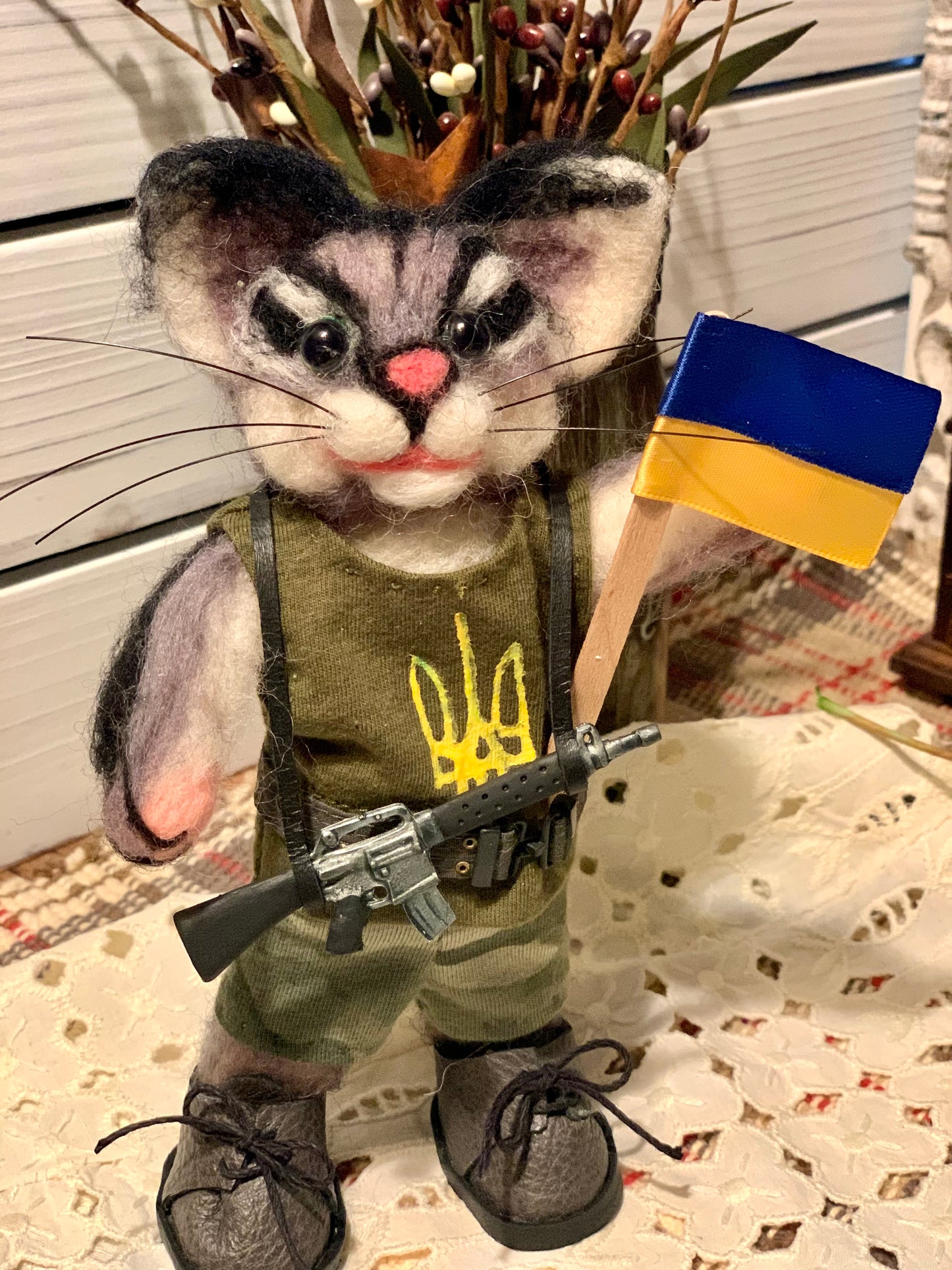 Javelina the Cat, Ukrainian Soldier, natural fiber friend, felted cat art doll, OOAK