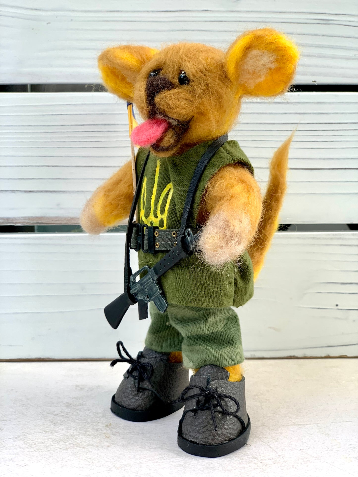 Bayraktar the Dog, Ukrainian Soldier, natural fiber friend, felted dog art doll, OOAK