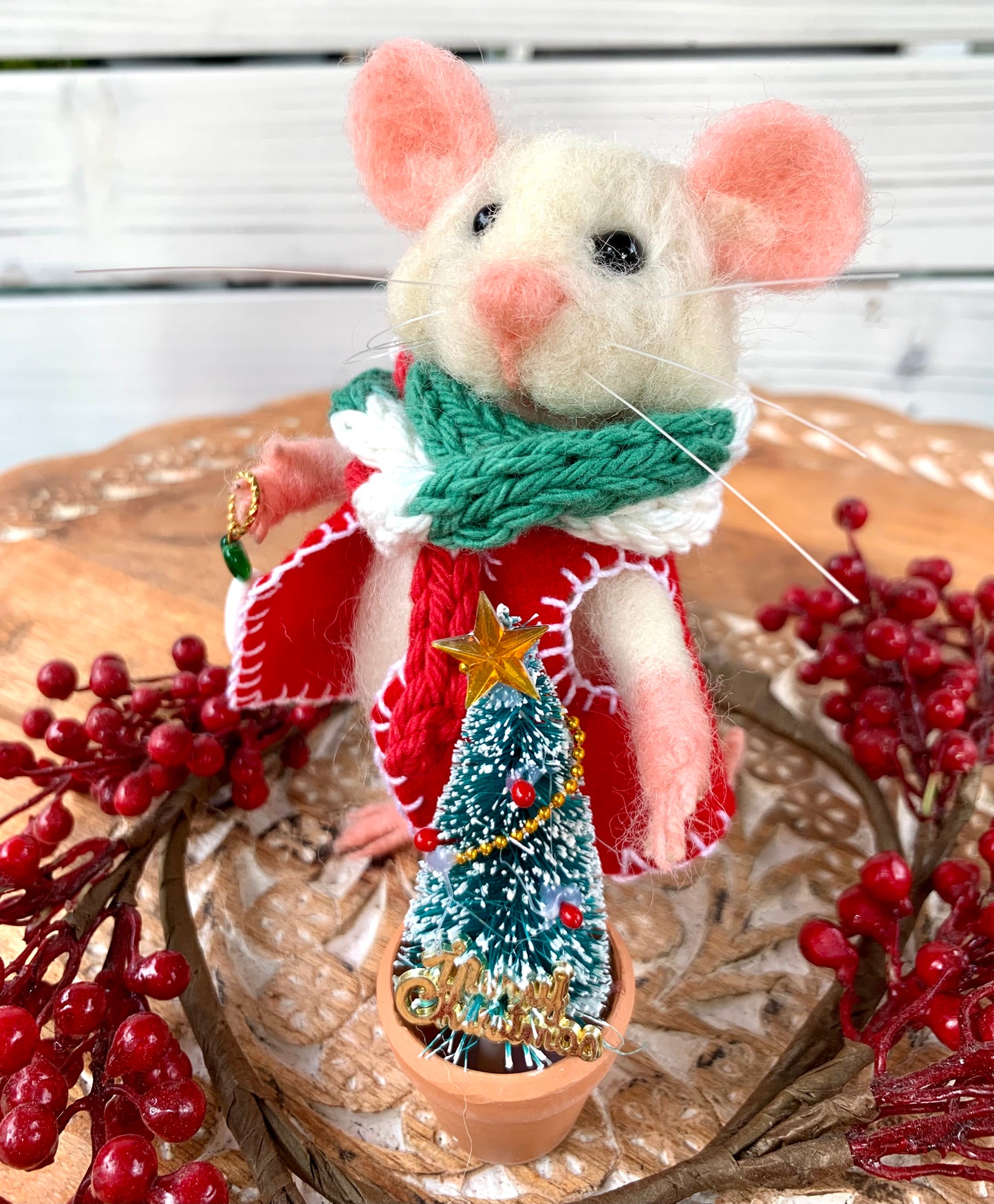 Sebastian The Christmas Mouse, natural fiber doll, felt mouse, OOAK Art Doll, Needle felted Mouse