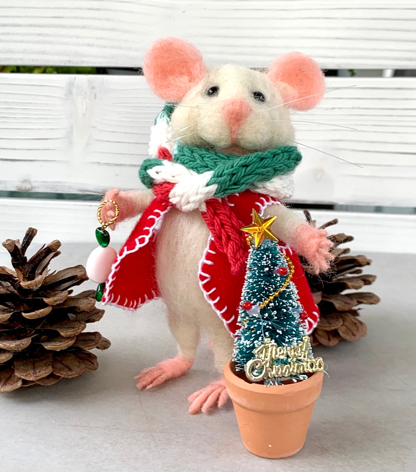 Sebastian The Christmas Mouse, natural fiber doll, felt mouse, OOAK Art Doll, Needle felted Mouse