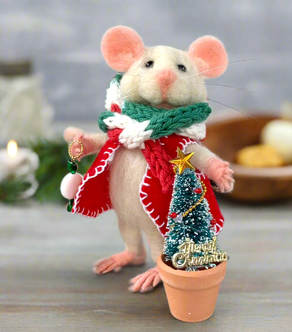 Needle-Felted Sebastian the Christmas Mouse – Handmade Natural Fiber Holiday Art Doll