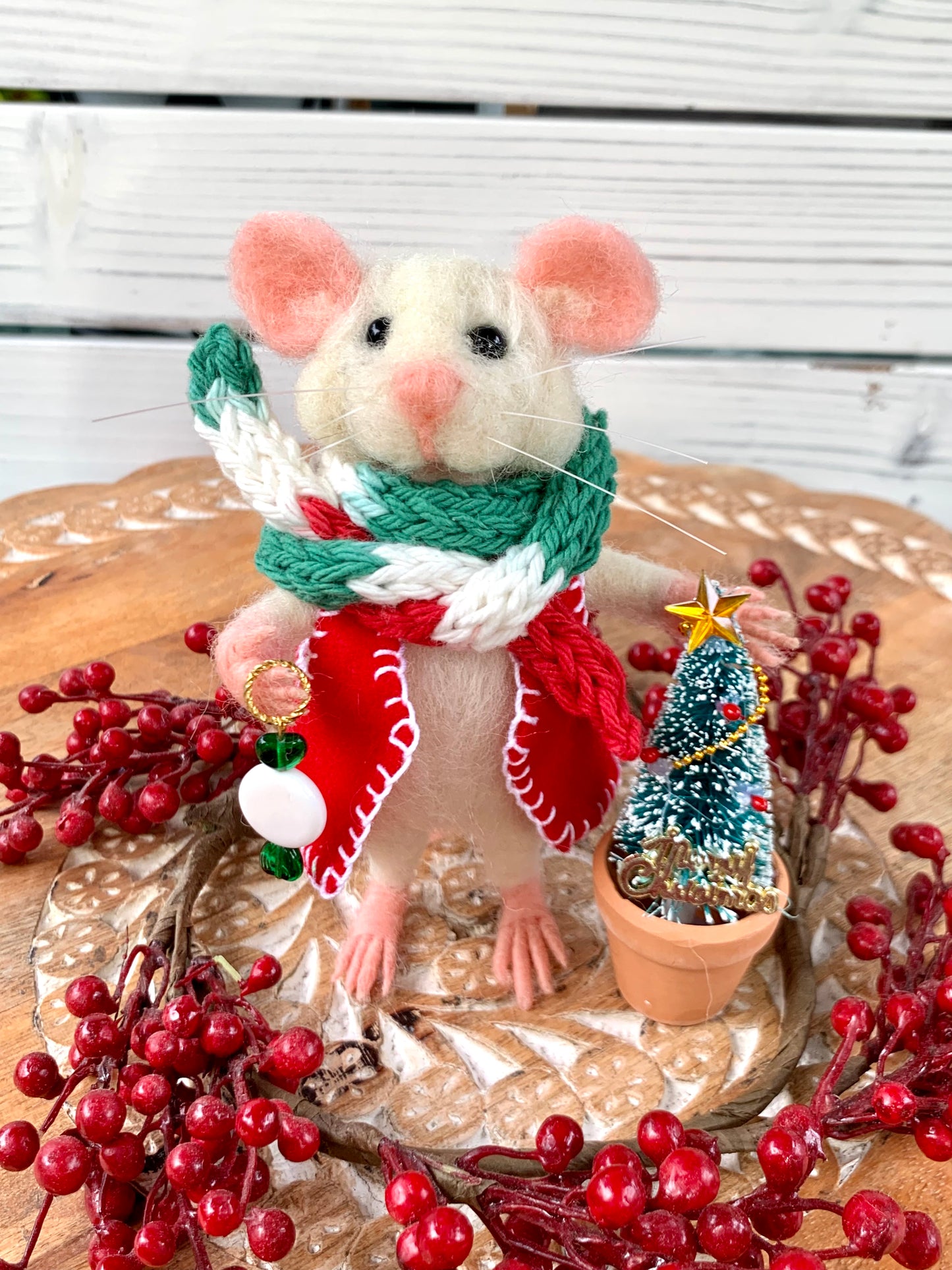 Sebastian The Christmas Mouse, natural fiber doll, felt mouse, OOAK Art Doll, Needle felted Mouse