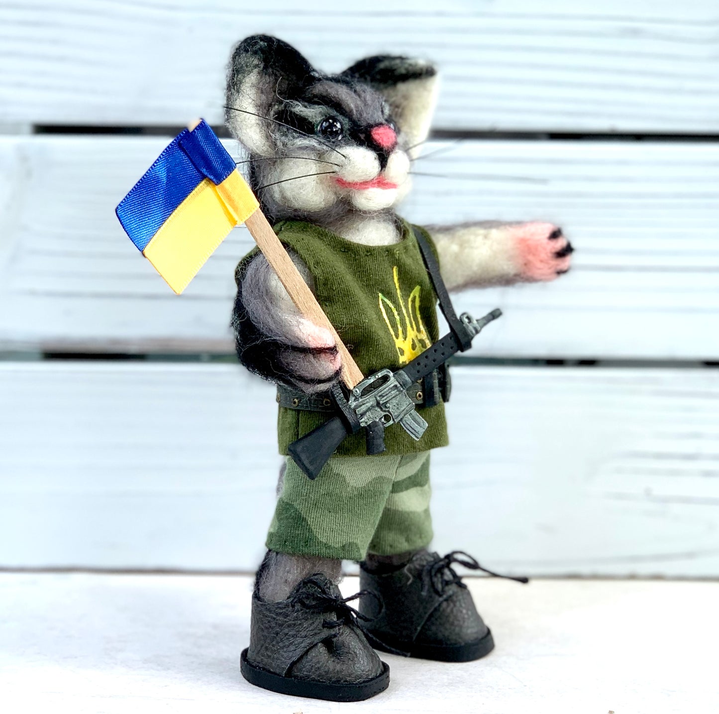 Javelina the Cat, Ukrainian Soldier, natural fiber friend, felted cat art doll, OOAK