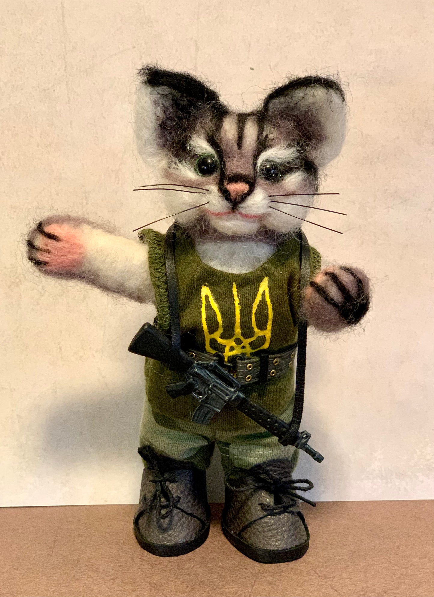 Javelina the Cat, Ukrainian Soldier, natural fiber friend, felted cat art doll, OOAK