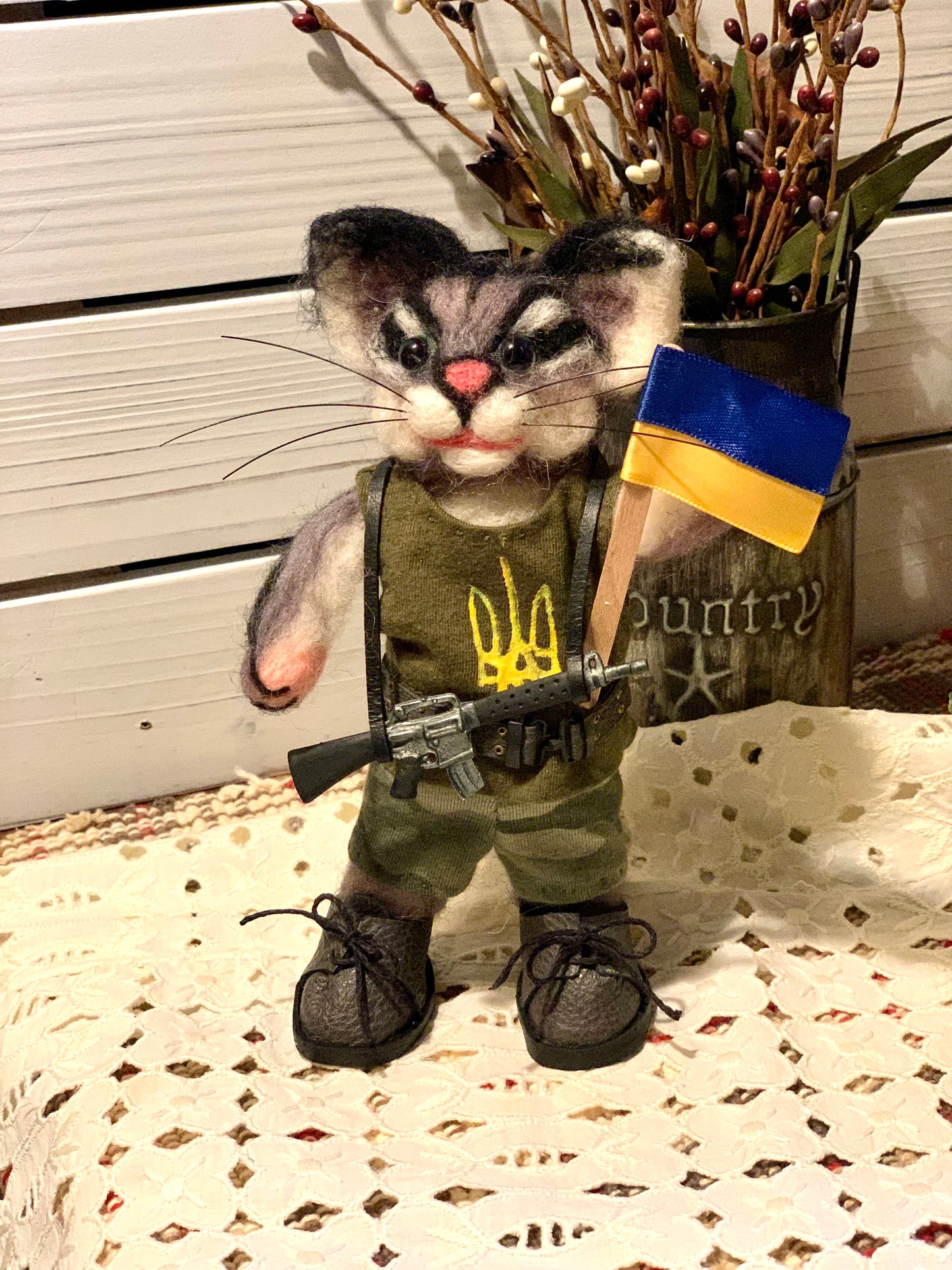 Javelina the Cat, Ukrainian Soldier, natural fiber friend, felted cat art doll, OOAK