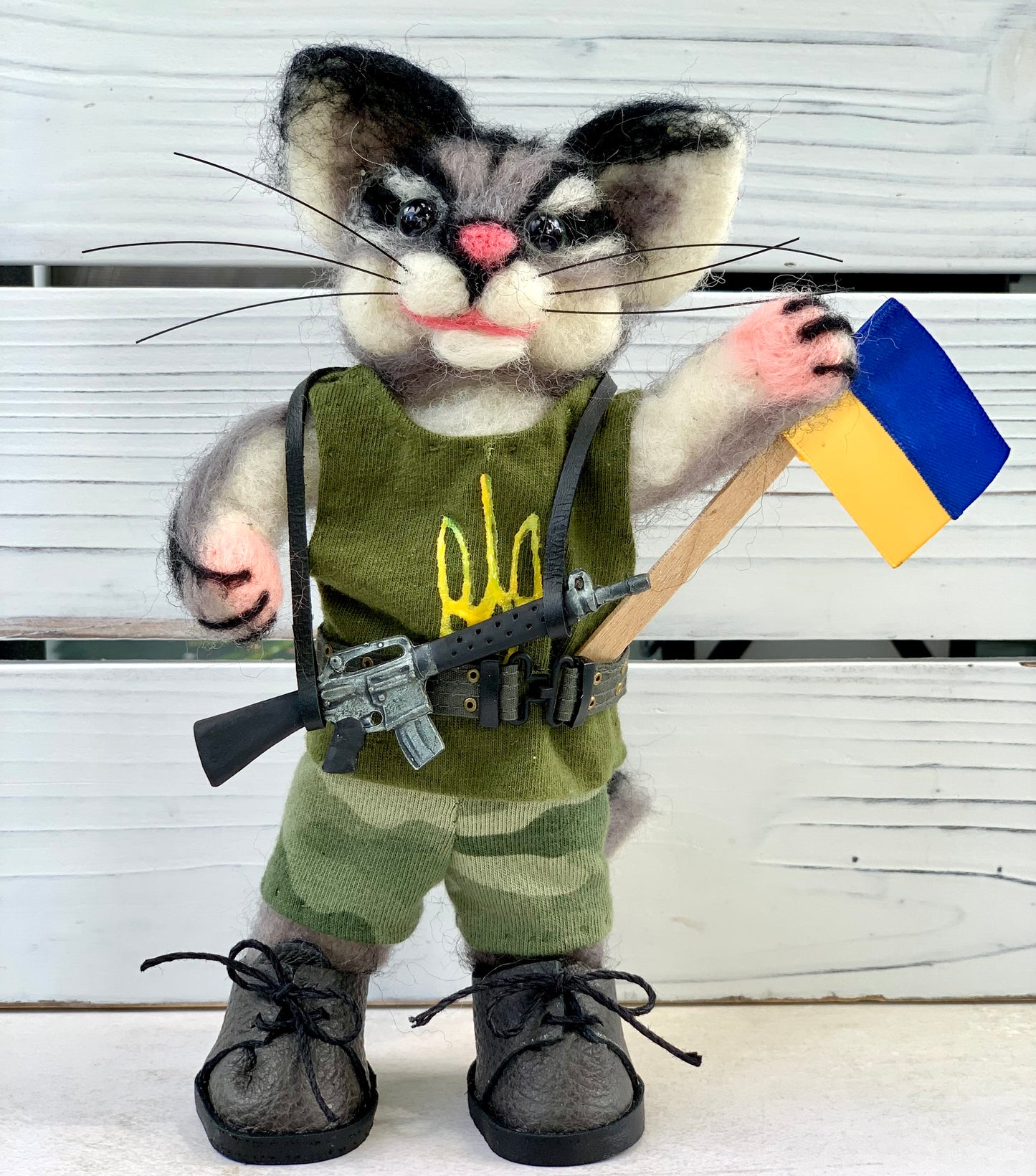 Javelina the Cat, Ukrainian Soldier, natural fiber friend, felted cat art doll, OOAK