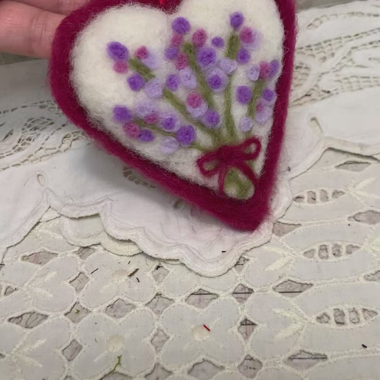 Needle-Felted Heart with Embroidered Lavender – Handmade Wool Valentine Decor
