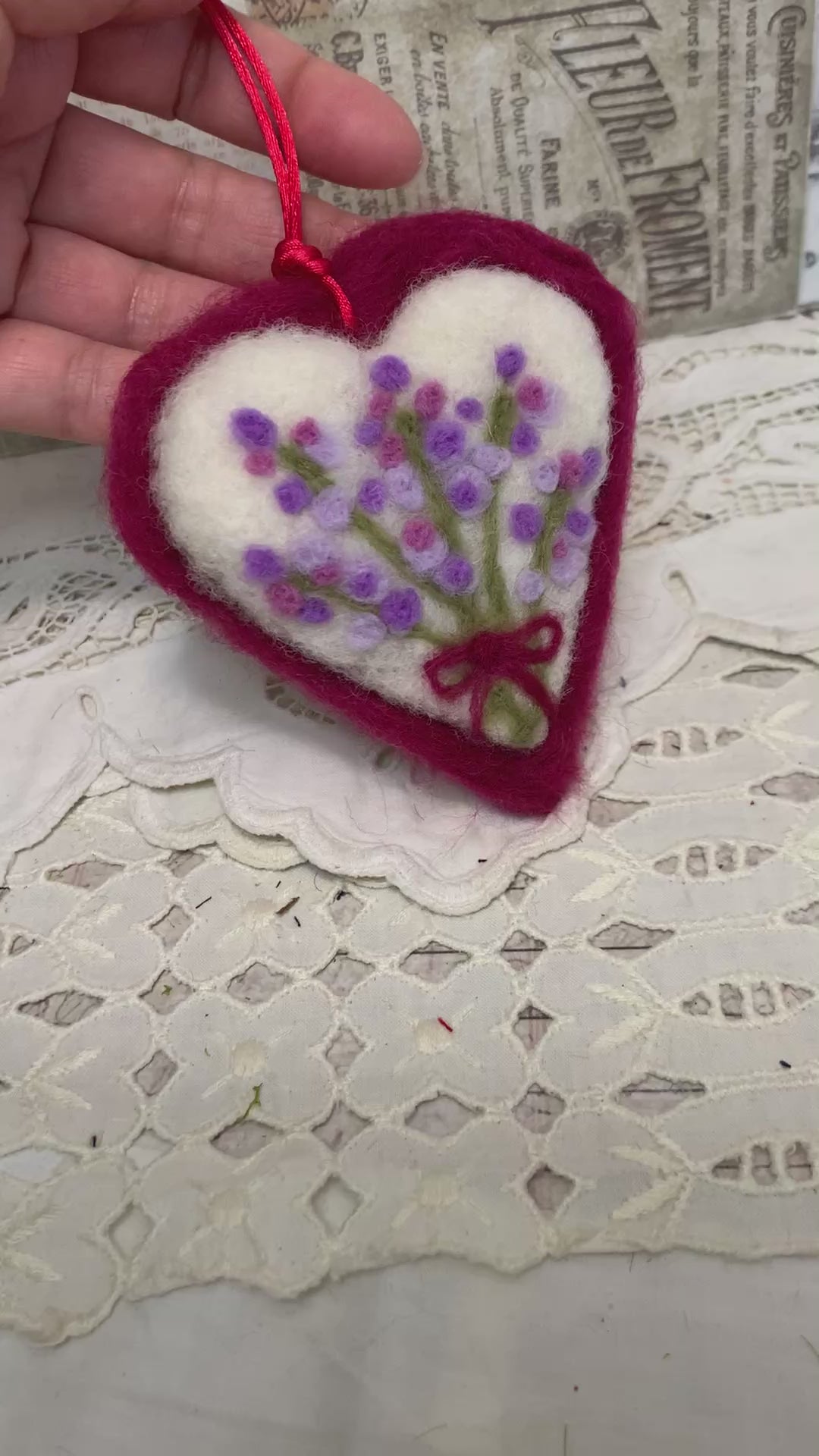 Needle-Felted Heart with Embroidered Lavender – Handmade Wool Valentine Decor