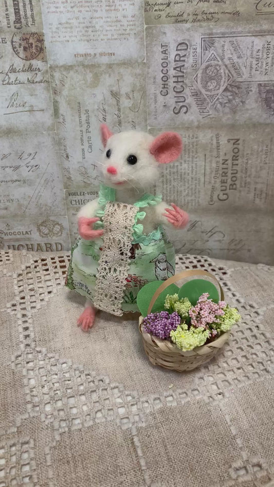Spring Mouse  – Handmade Needle-Felted Collectible Art Doll