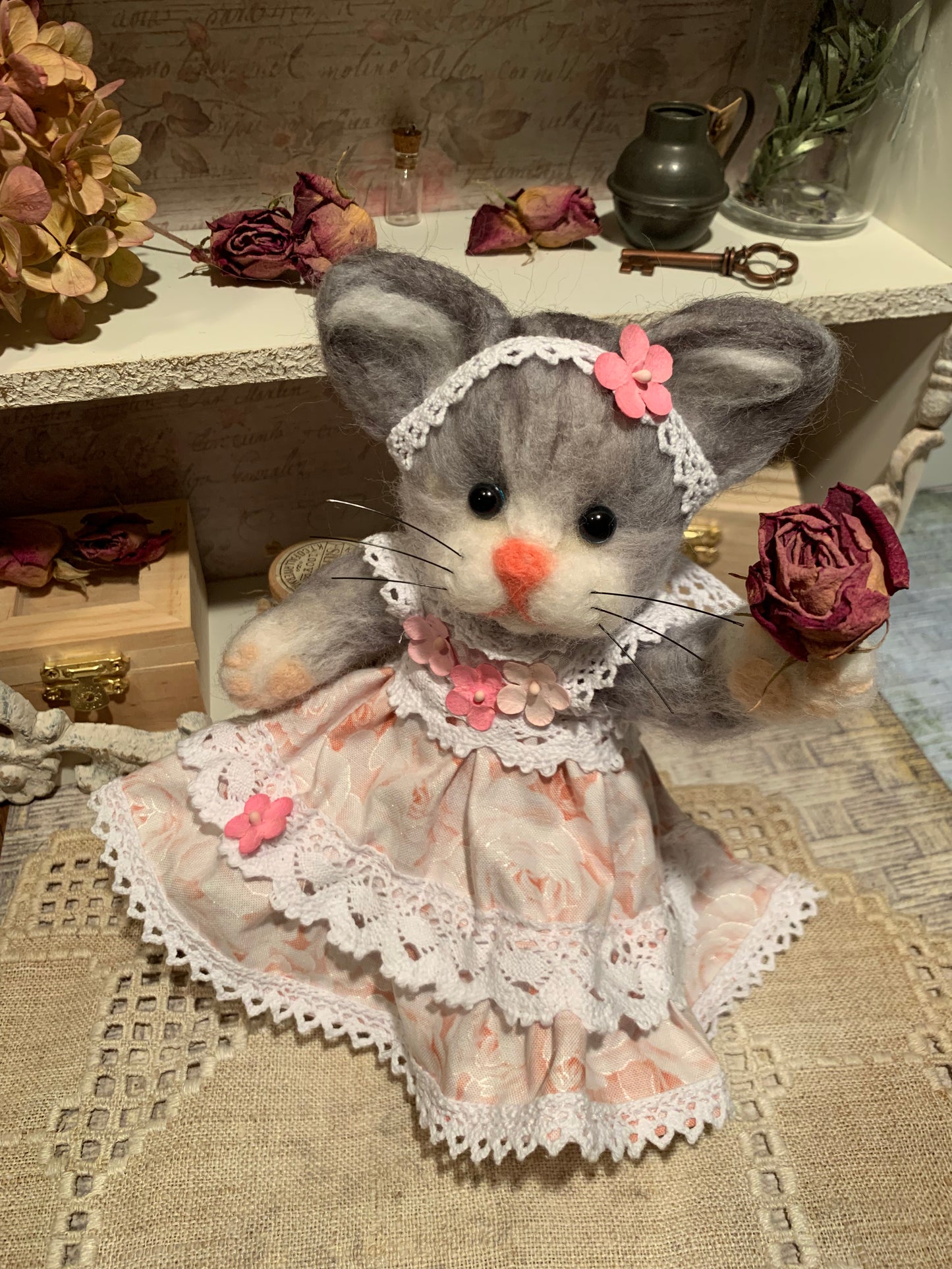 Felicia the Cat, a natural fiber friend, felt animal, OOAK