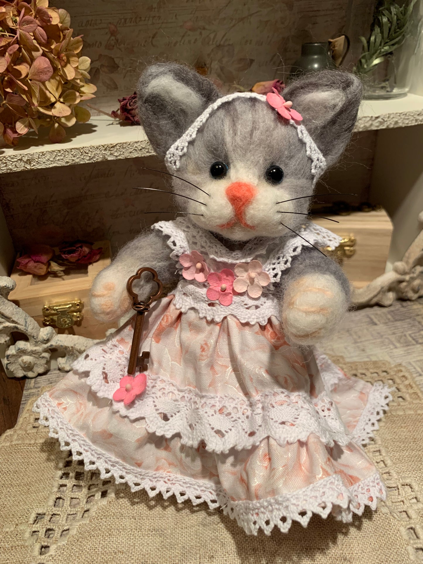 Felicia the Cat, a natural fiber friend, felt animal, OOAK